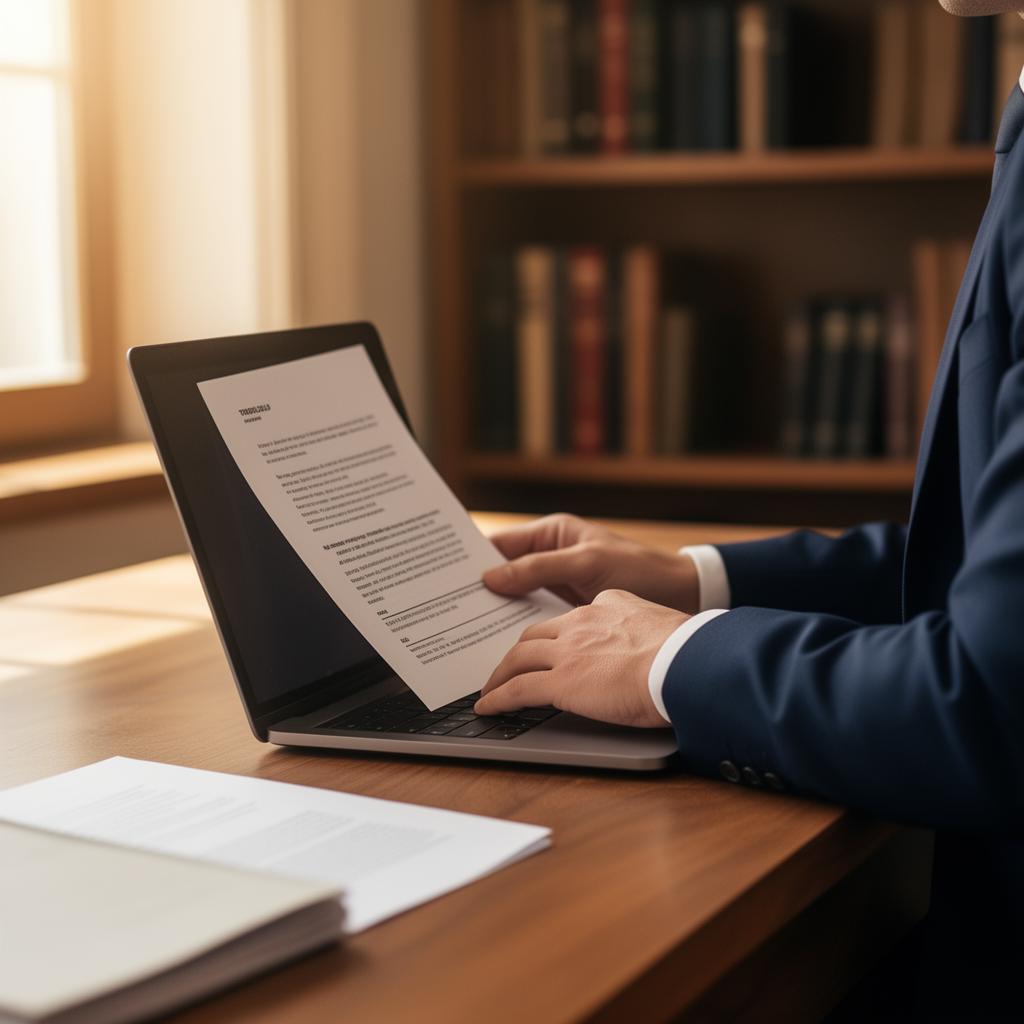 Attorney reviewing legal documents at a desk
