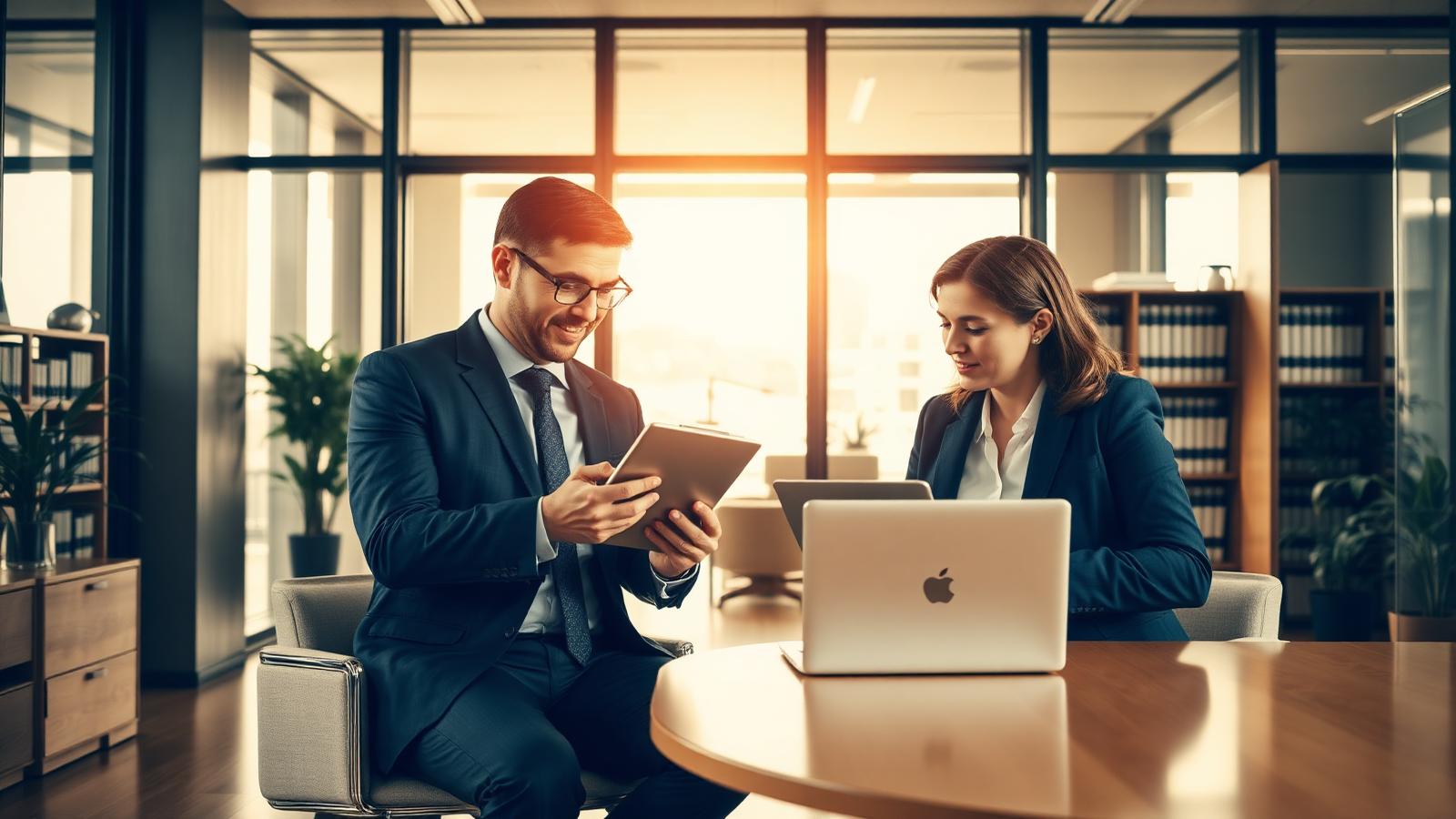Two attorneys reviewing software options in a modern law office